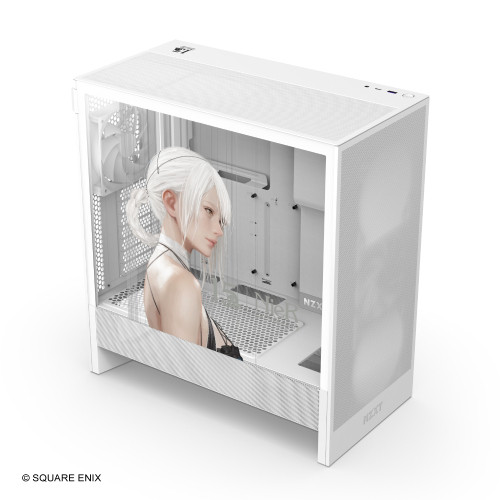 White mid-tower PC case with a clear side panel showing a NieR character illustration on the interior.