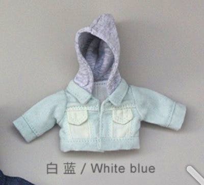 Light blue denim-style jacket for Obitsu11 doll with a gray hood, shown laid flat.