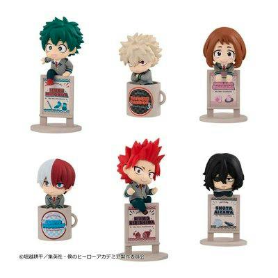 Six chibi plastic figures from My Hero Academia displayed on mugs and small stands against a white background.