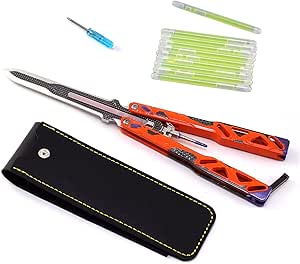 Orange-handled butterfly carving knife with a black sheath, five green light sticks, and a small tool visible on a white background.
