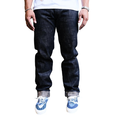 Front view of the OD+JB 18oz "Shinkai Sand Slub" selvedge jeans worn by a model.
