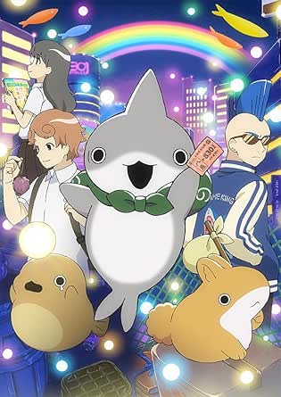 Promotional movie artwork showing the child shark character and other characters in a colorful city night scene.