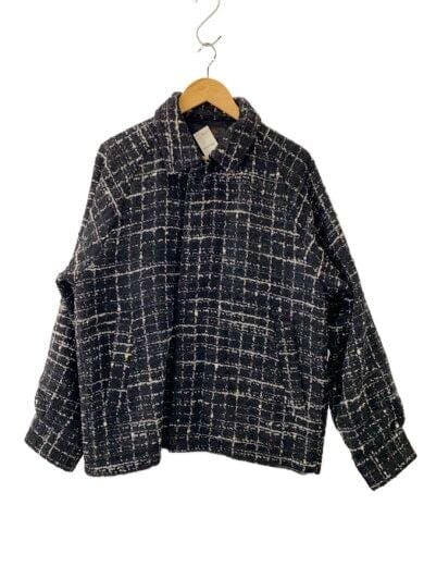 Front view of the men's satin black checked zip jacket hanging on a wooden hanger.
