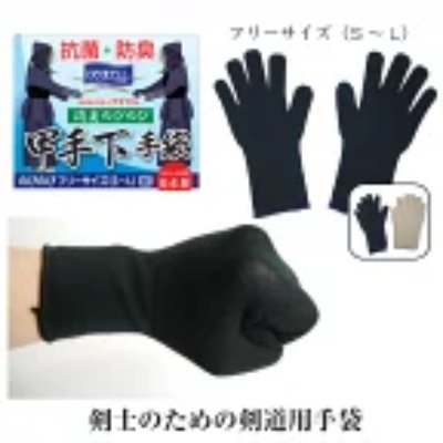 Black five-finger gloves shown flat alongside packaging and a photo of a hand wearing the glove.
