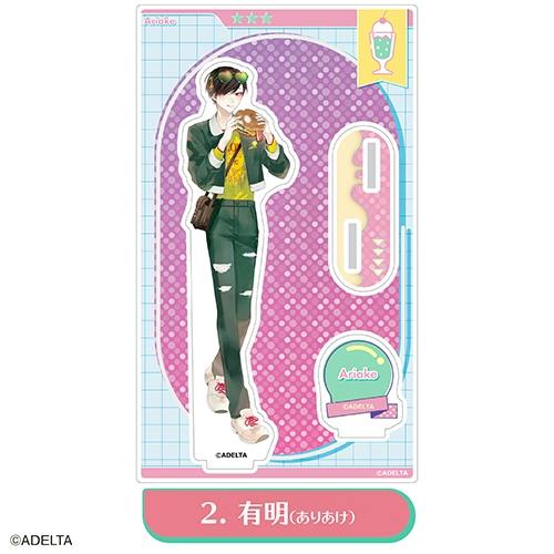 A photo of the acrylic stand pop featuring the character 有明 (Ariake) on its backing card with the stand and base pieces visible.