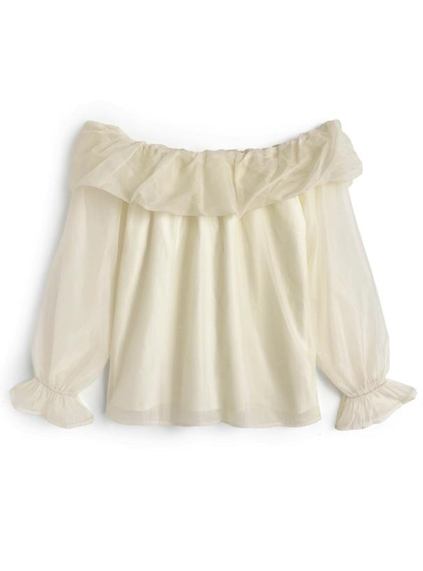 Cream off-shoulder sheer blouse laid flat on a white background.
