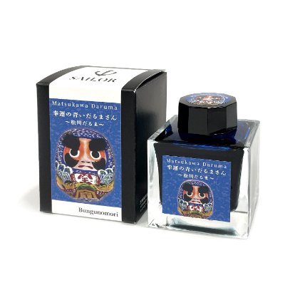 A 50ml bottle of fountain pen ink with its box, showing the Office Vender original blue Daruma label.