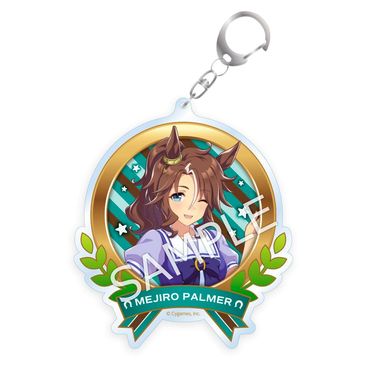 A close-up of the acrylic keychain featuring Mejiro Palmer in her school uniform inside a gold wreath design with a keyring and a SAMPLE watermark.