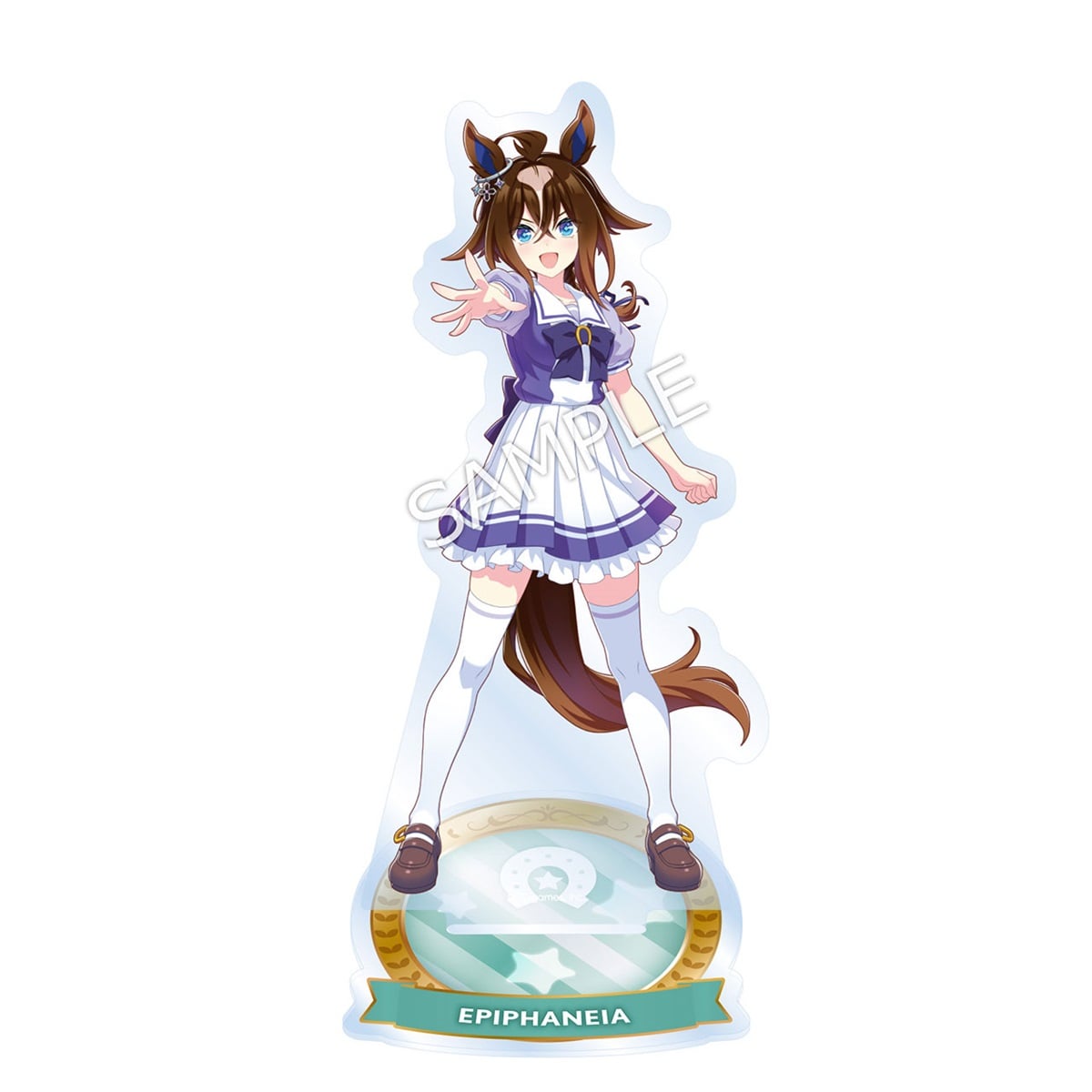 Acrylic stand of Epiphaneia in a school uniform standing on its round base.