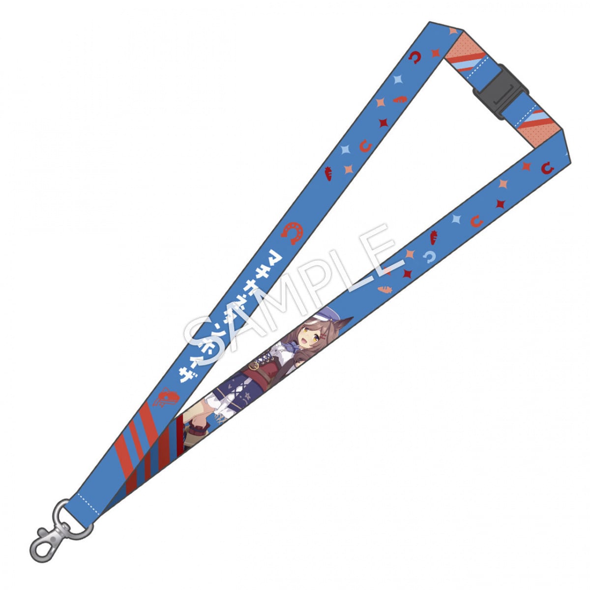 Blue fabric neck lanyard showing printed character artwork, visible "SAMPLE" watermark, metal swivel hook, and plastic quick-release buckle.