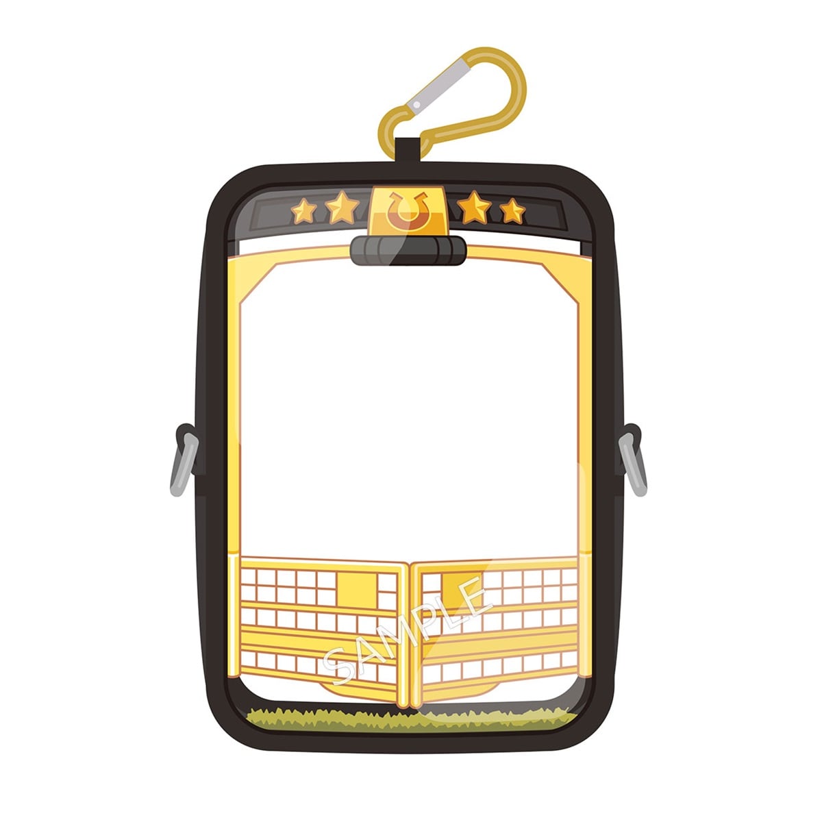 Illustrated front view of the official plushie pouch with attached gold carabiner, black border, and gold gate motif.