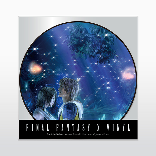 Picture-disc vinyl featuring Final Fantasy X artwork of two characters facing each other against a starry blue background with “FINAL FANTASY X VINYL” text below.