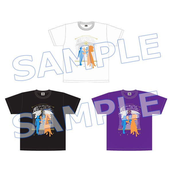Front-view mockup of three men's cotton T-shirts (Official TシャツA) in white, black, and purple, each showing the same front print and a SAMPLE watermark.
