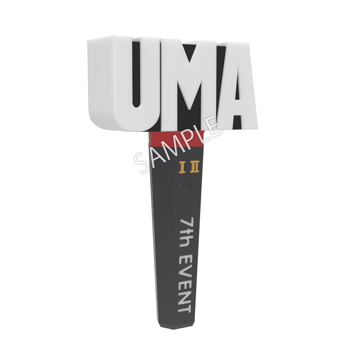 Front view of the official UMA pen light (7th EVENT ver.) with a white 'UMA' top and dark handle labeled '7th EVENT'.