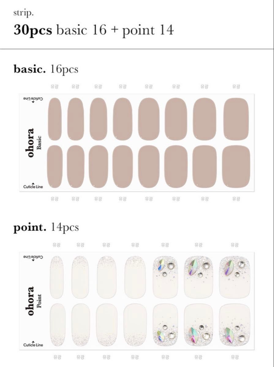 A sheet showing 30 ohora gel nail stickers in beige, white, and glitter designs labeled as basic and point sets.