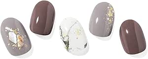 Five artificial nail tips displaying ohora gel nail sticker designs in marble and neutral brown/gray tones.