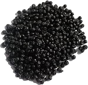 Close-up of a pile of dark dried wild blueberries on a white background.