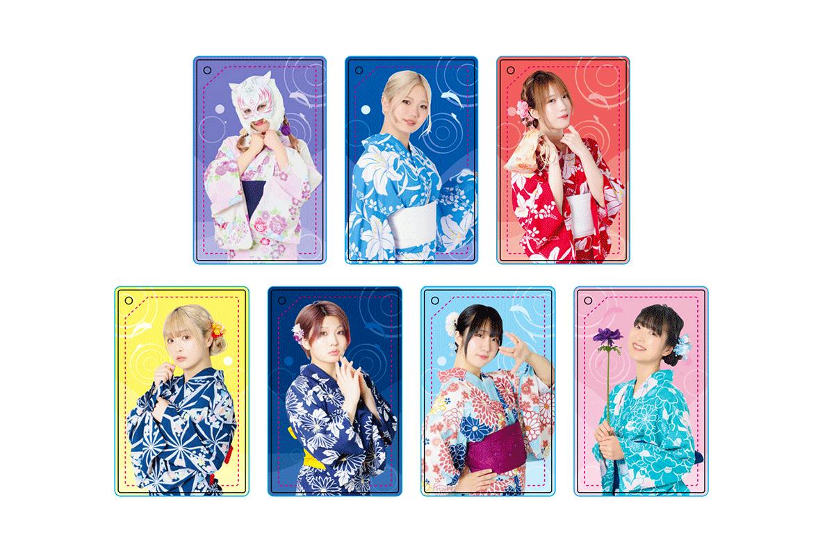 A composite image of eight rectangular acrylic keychain designs, each showing a photographed woman wearing a yukata on a colored background.