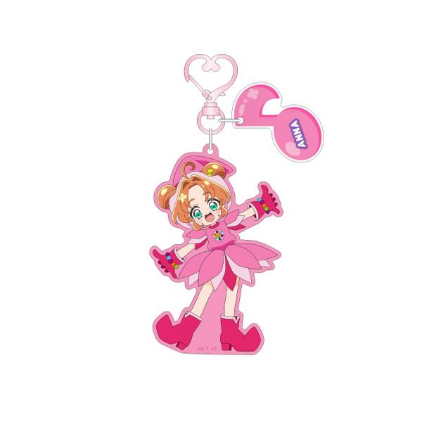 Pink acrylic keychain showing the character Anna Akechi (明智あんな) in a pink costume, with a heart-shaped clasp and a small pink name tag reading "ANNA".