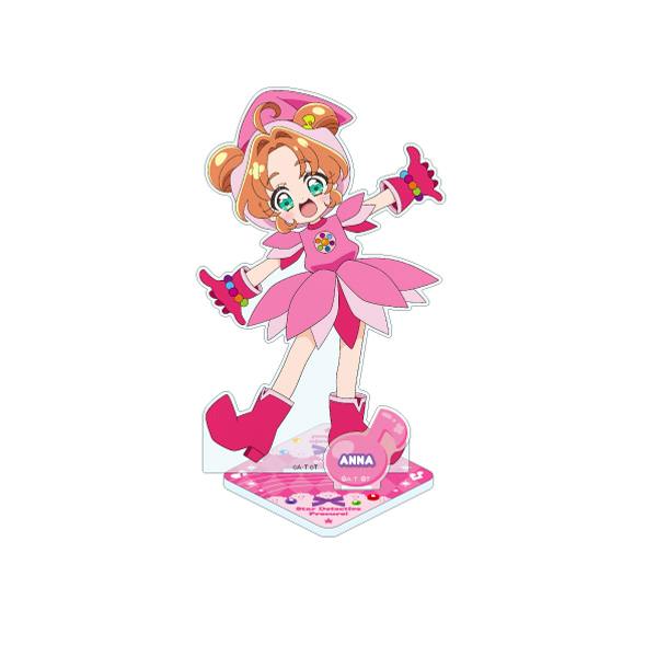 An acrylic stand of 明智あんな (Anna Akechi) in a pink magical-girl outfit standing on a pink printed base.