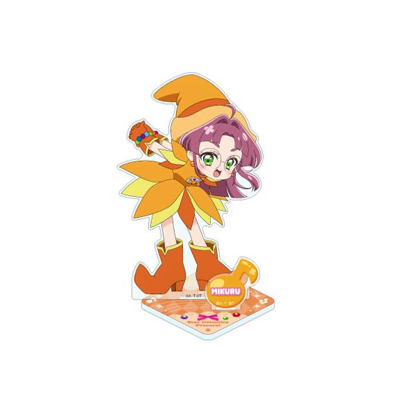 Acrylic stand showing the character Mikuru in an orange witch-style outfit standing on a decorated square base labeled "MIKURU".