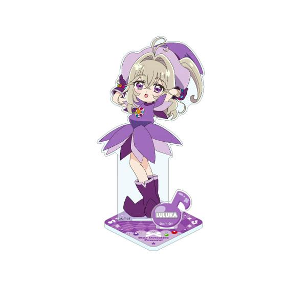 Acrylic stand of 森亜るるか showing the purple‑dressed character attached to a matching base labeled LULUKA.