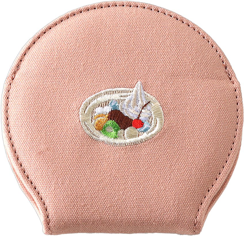 Closed pink fabric compact mirror showing an embroidered dessert design on the front.