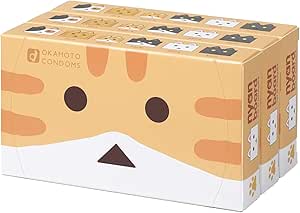 Packaged Okamoto Condoms Nyanbo Ver. rubber 12-piece × 3-pack carton showing a cat-face design.
