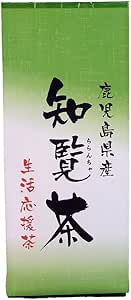 Front view of a green rectangular package of Okamura Seicha Value Chiran green tea showing Japanese characters on the label.