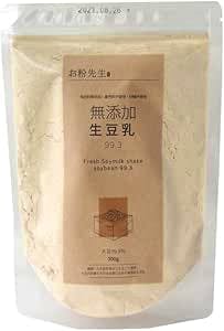 Front view of a clear stand-up pouch containing raw soy milk powder with a beige label reading additive-free raw soy milk 99.3.
