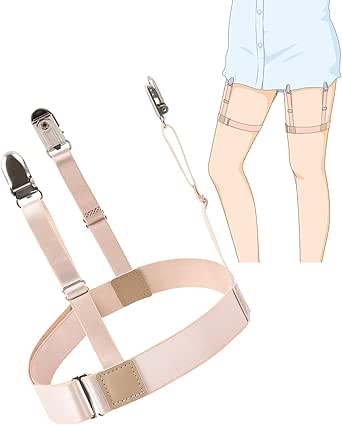 Okima shirt garter set of two with adjustable beige straps and metal clips shown next to an illustration of legs wearing the garters.