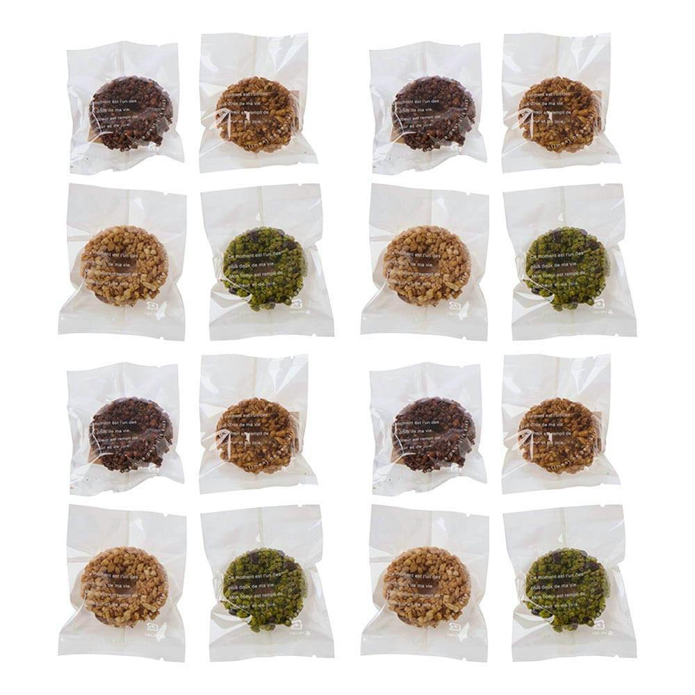 Sixteen individually wrapped rice crackers arranged in a 4x4 grid on a white background.