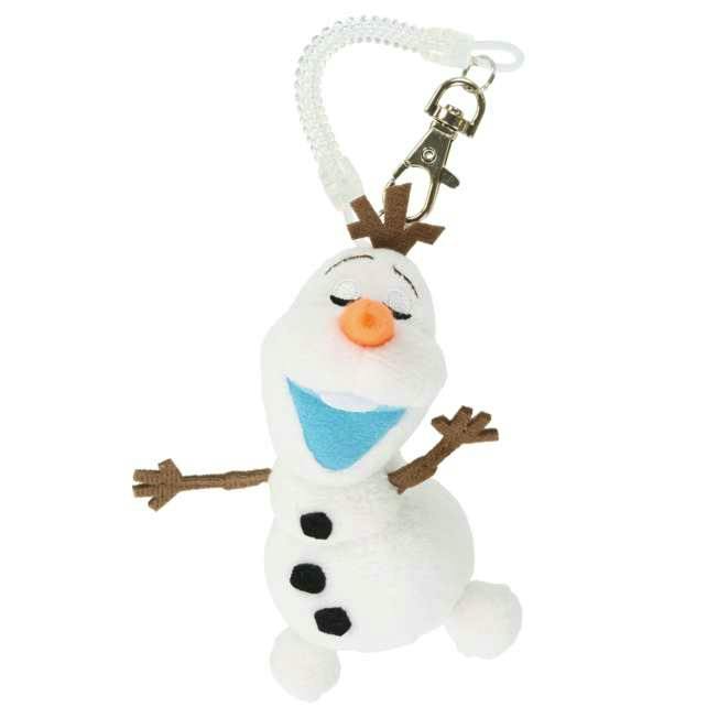 Plush Olaf keychain charm with strap and metal clip shown on a white background.