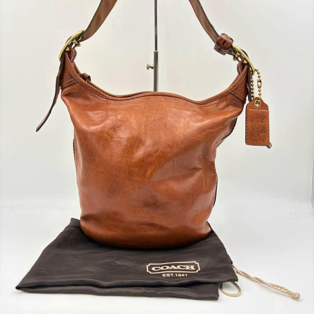 Brown Coach leather shoulder bag hanging on a stand with a Coach dust bag beneath it.