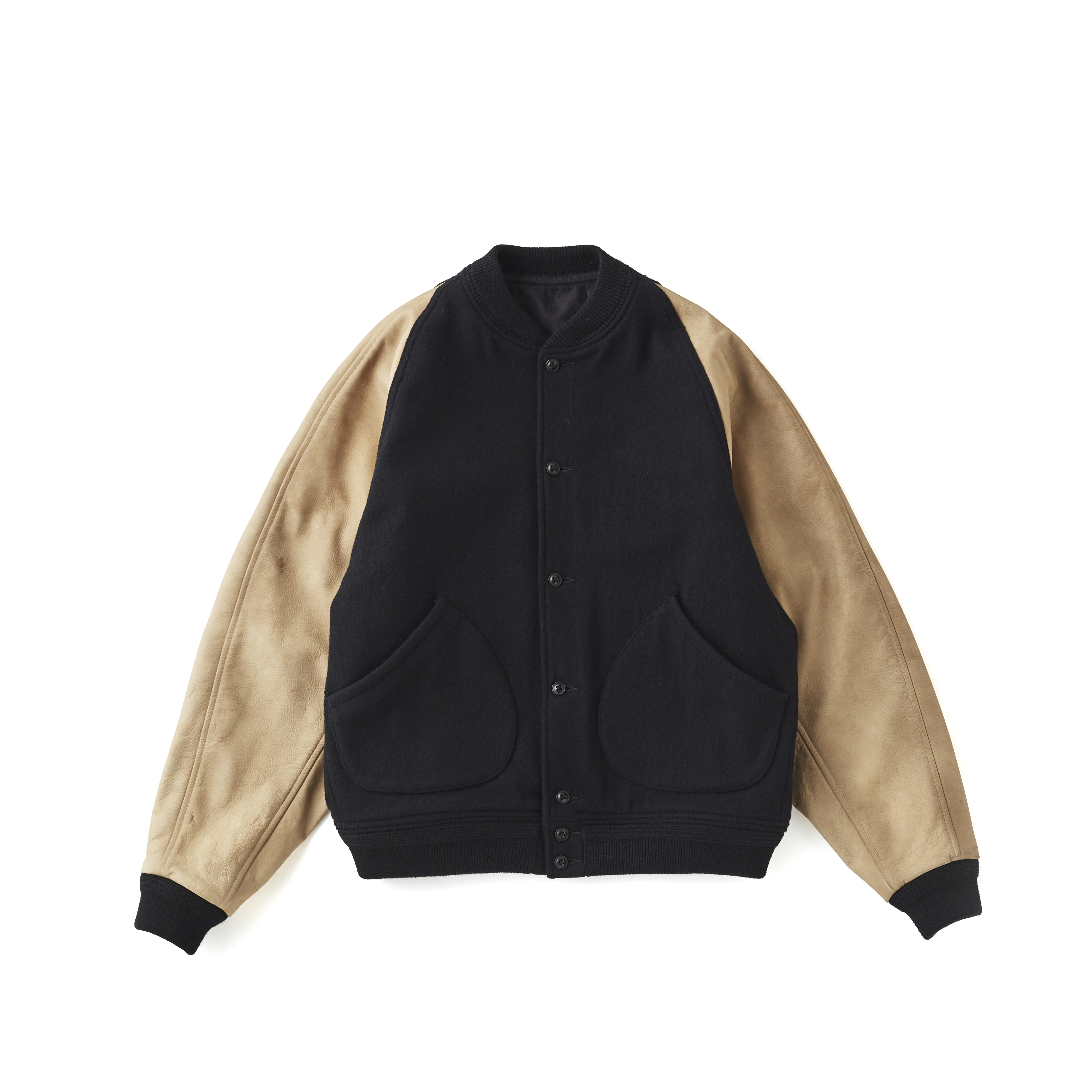 A wool men's button-front Campbell jacket with a black body and tan sleeves laid flat on a white background.