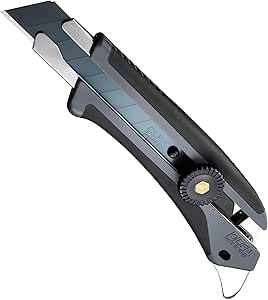 Gray L-shaped OLFA cutter showing a visible segmented blade and a screw-lock wheel.