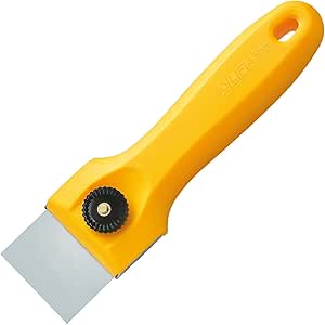 Yellow-handled OLFA metal scraper with a rectangular blade attached.