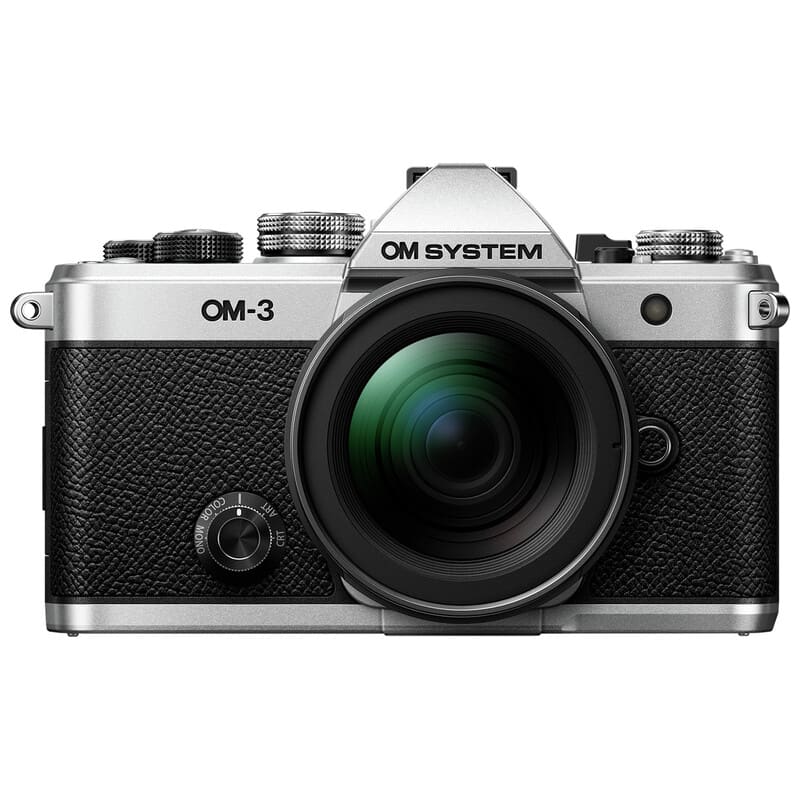 Front view of a silver OM SYSTEM OM-3 camera with the 12-45mm F4.0 PRO lens attached.