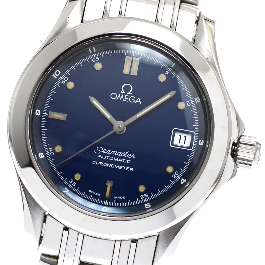 Front view of an Omega Seamaster automatic men's wristwatch with a blue dial, date at 3 o'clock, and stainless steel case and bracelet.