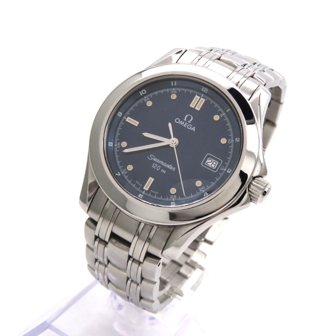 Front three-quarter view of the Omega Seamaster 120M men's stainless steel wristwatch showing the dial, hands, date window, and metal bracelet.
