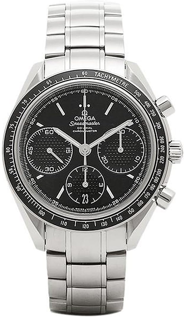 Front view of a silver metal Omega Speedmaster men's wristwatch with a black chronograph dial and tachymeter bezel.