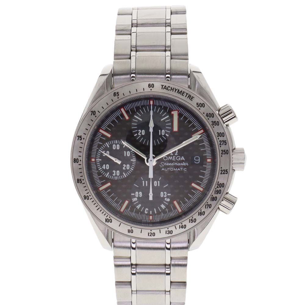 Front view of an Omega Speedmaster Racing Schumacher automatic men's wristwatch with black dial and stainless steel bracelet.