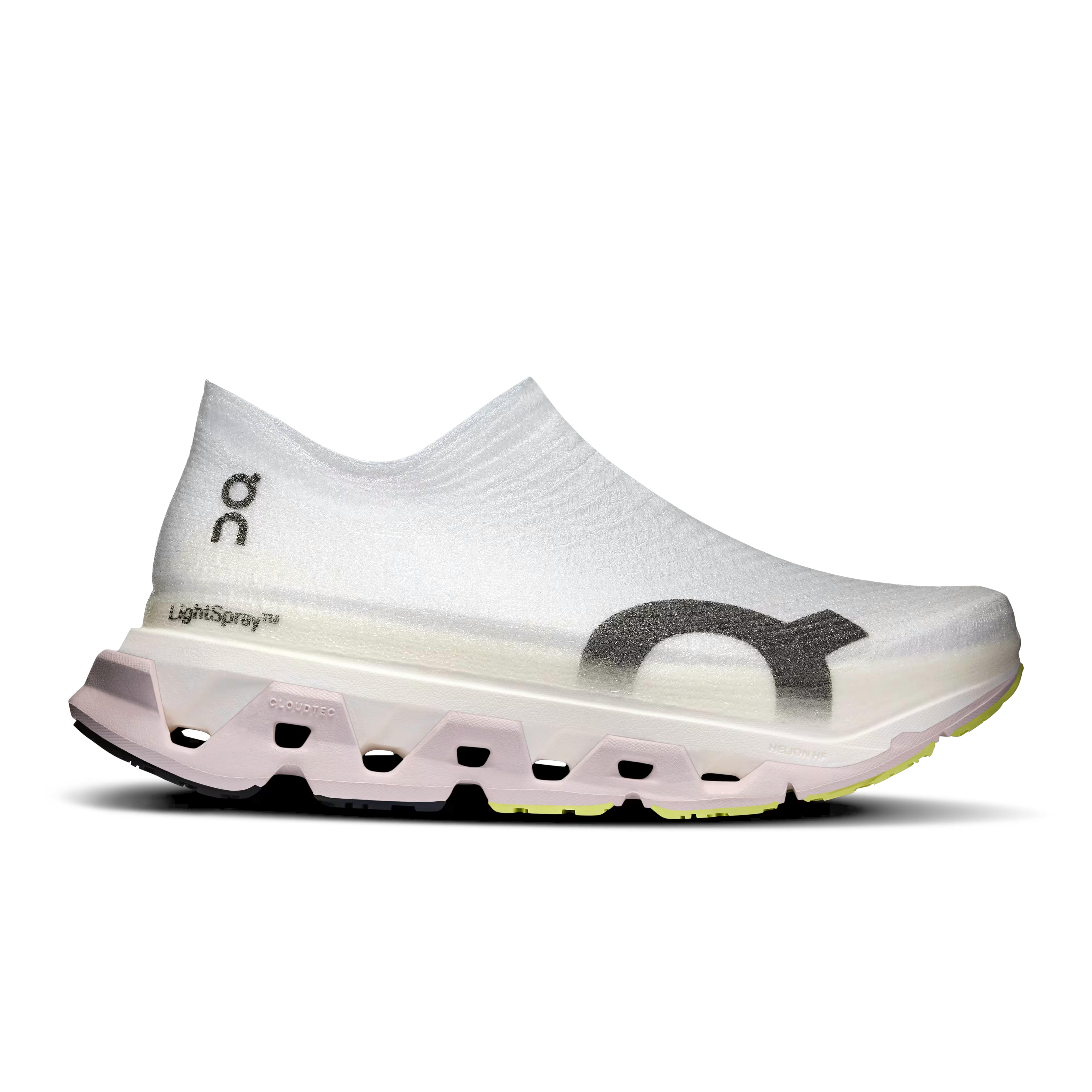 Side profile of the LightSpray Cloudmonster 3 Hyper shoe showing the white knit upper, midsole with Cloudtec elements, and the On logo.