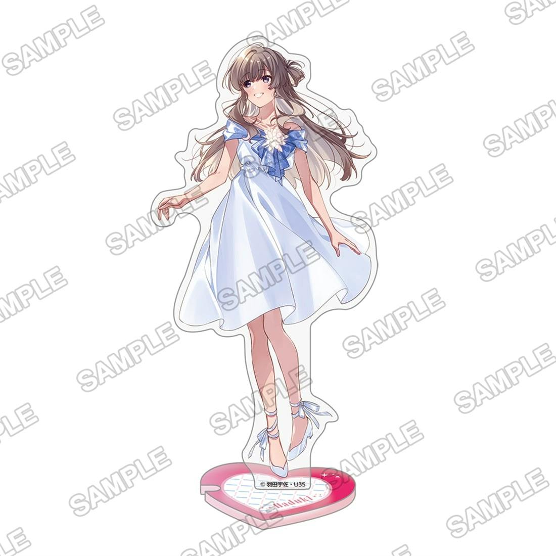 Acrylic stand of Sendai Hazuki in a white dress on a pink heart-shaped base, shown against a white background.