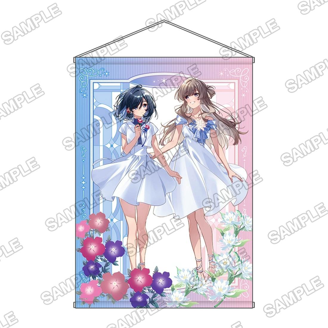 B2 tapestry artwork showing two female characters in white dresses standing together amid flowers on a blue-to-pink background, with SAMPLE watermark.