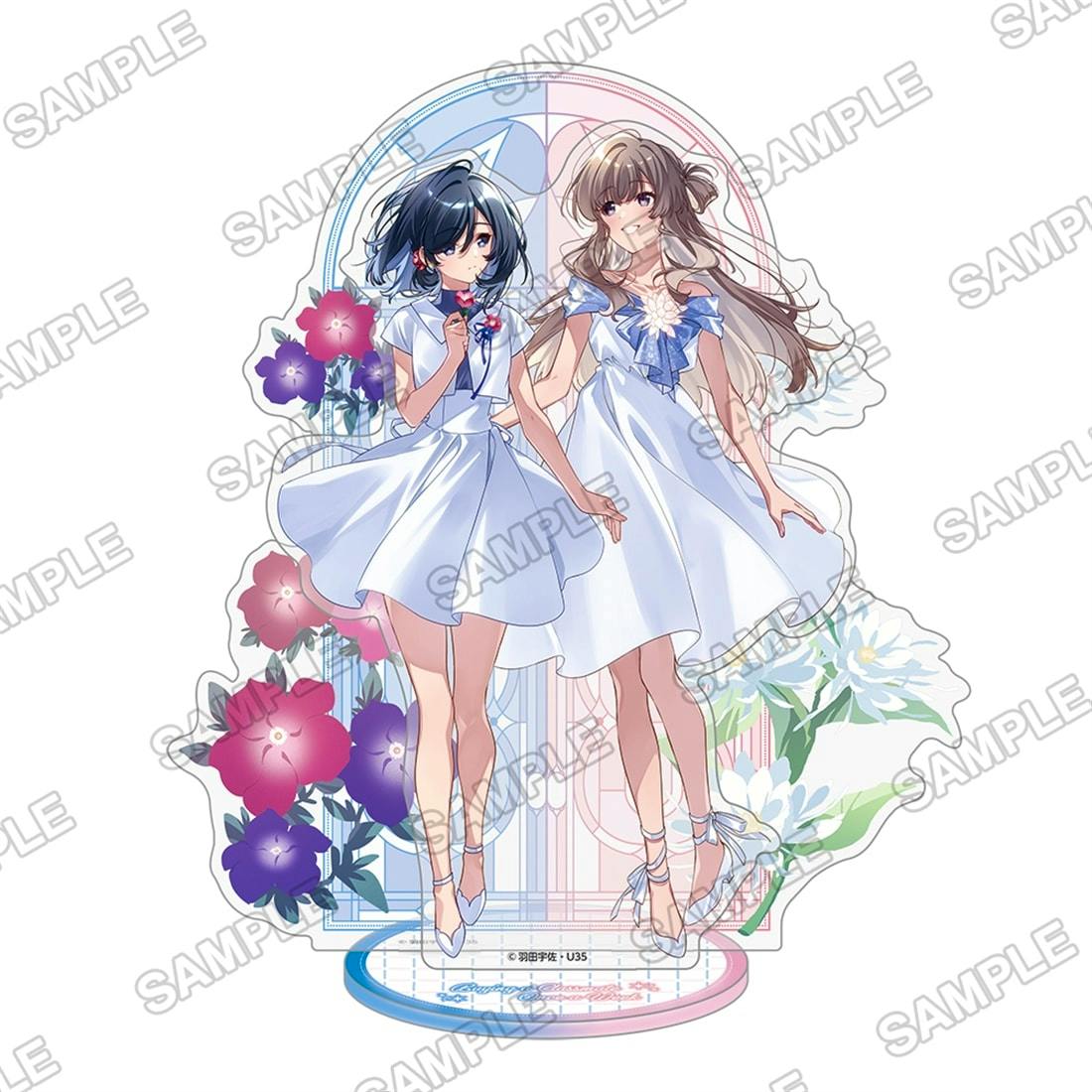 Assembled acrylic diorama stand showing two female characters in white dresses with floral decorations and a rounded base.