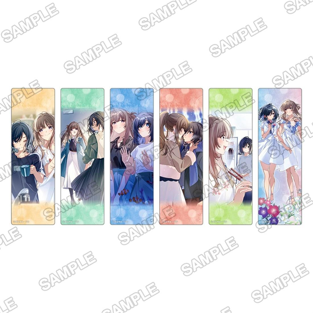 Image showing seven illustrated clear bookmarks for the 『週に一度クラスメイトを買う話 ～ふたりの秘密は一つ屋根の下～』 Birthday series, each depicting characters in different poses with a SAMPLE watermark.