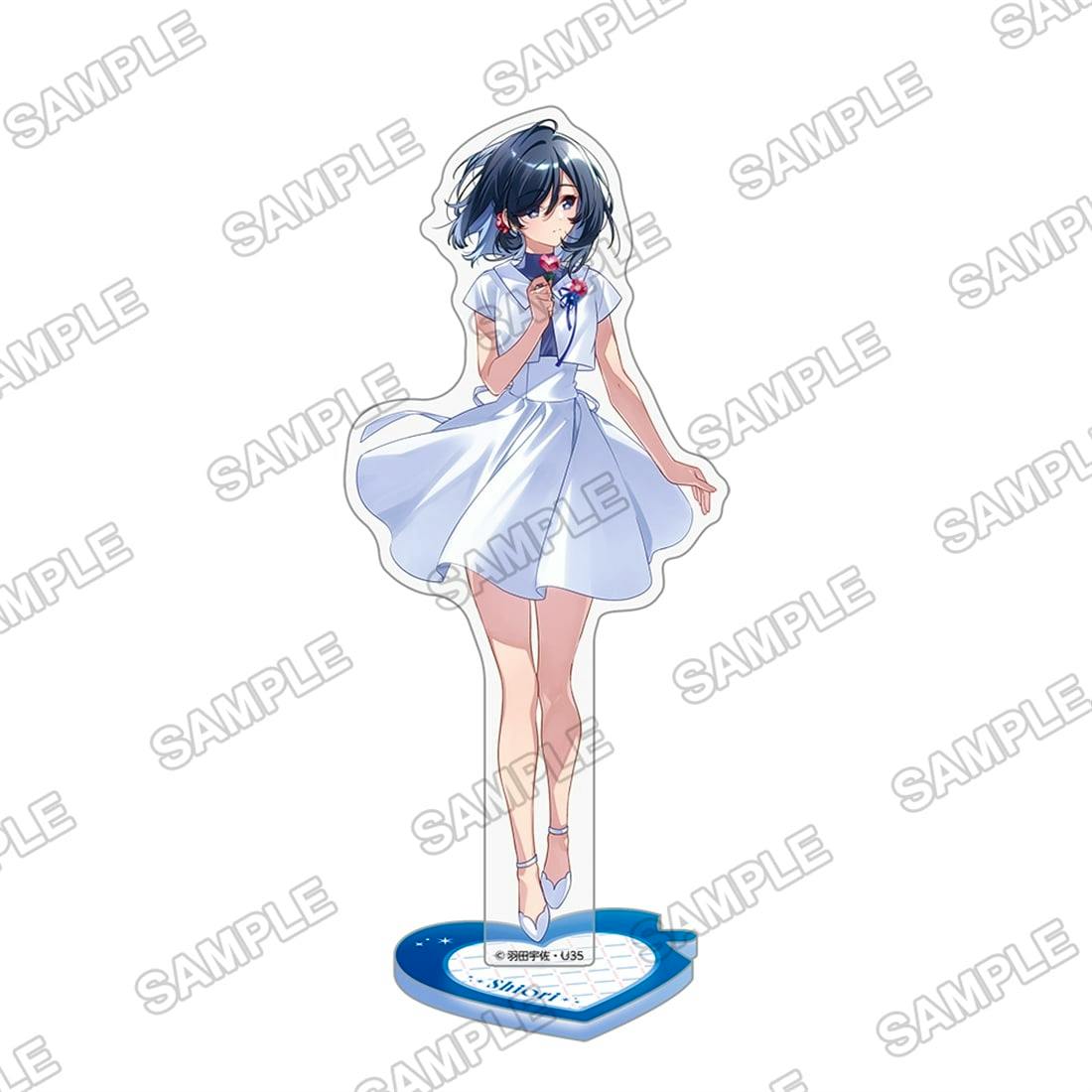 Acrylic stand of 宮城志緒理 showing the character in a white dress on a heart-shaped blue base.