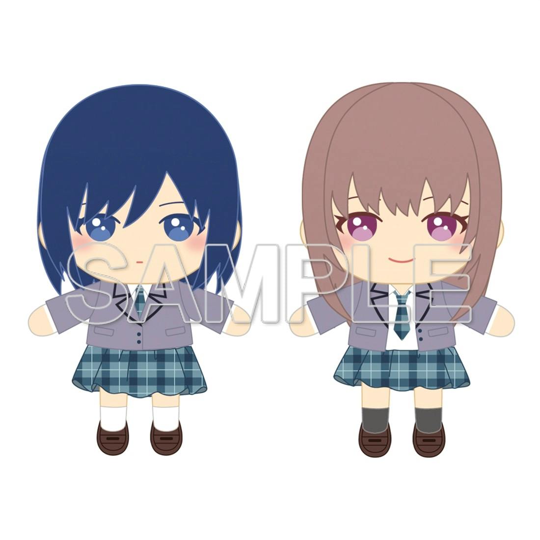 Illustrated front view of two chibi plush designs in school uniforms shown side by side with a SAMPLE watermark.
