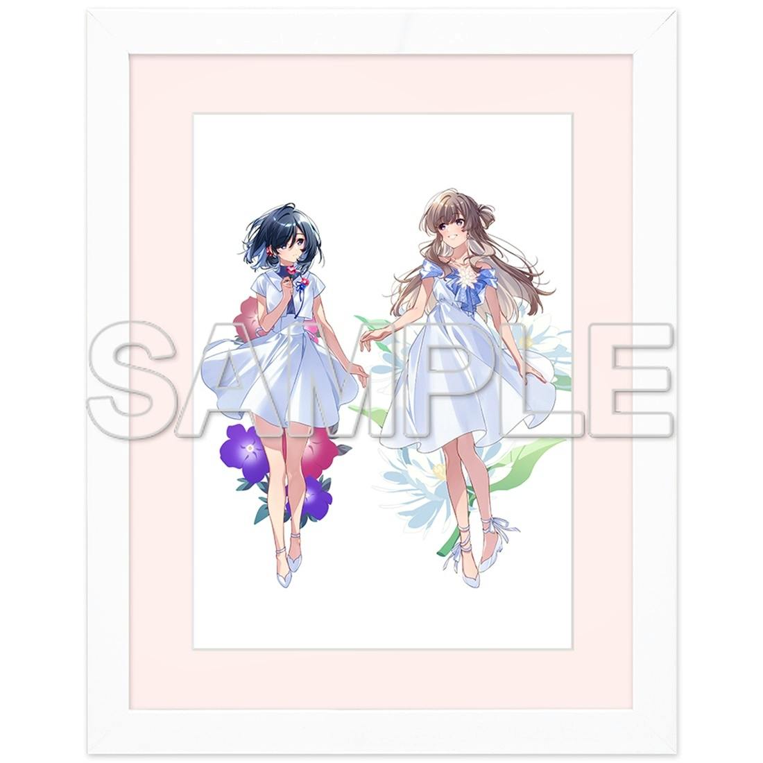 Framed A4 art print depicting two illustrated characters in white dresses with floral background and a SAMPLE watermark.